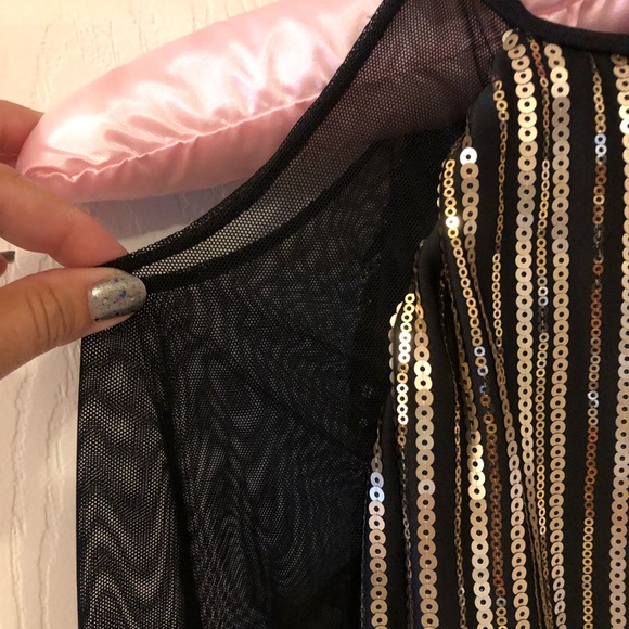 Black with Golden Sequencing Romper, Sheer Long Sleeves & Cold Shoulder - Picture 4 of 14